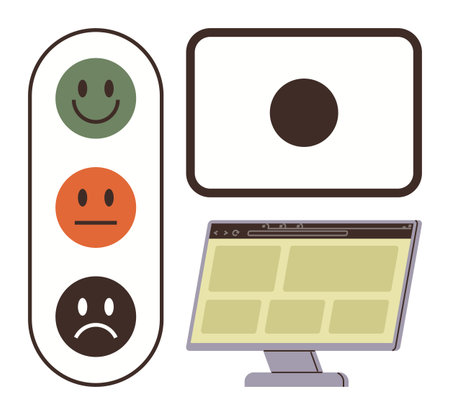 Three feedback faces in green, orange, and red for satisfaction rating, alongside a computer monitor and user interface. Ideal for online surveys, feedback, customer experience, UX design, customerのイラスト素材
