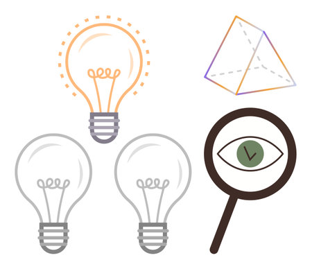 Lightbulbs for creativity, magnifying glass with eye for insights, geometric prism for perspective. Ideal for innovation, research, analysis, discovery, imagination, strategy and conceptualのイラスト素材