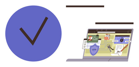 Laptop displaying online security tools thumbs up shield, lock, and user info highlights safe...