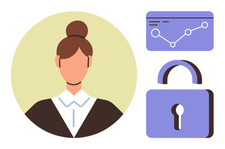 Woman with formal attire alongside a data analytics chart and a padlock icon. Ideal for data privacy, security, technology, business, analytics, professionalism, simple flat metaphorのイラスト素材