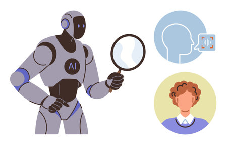 AI robot holding magnifying glass near human profile and voice analysis icon. Ideal for artificial intelligence, technology, analysis, identity verification, voice recognition, automationのイラスト素材