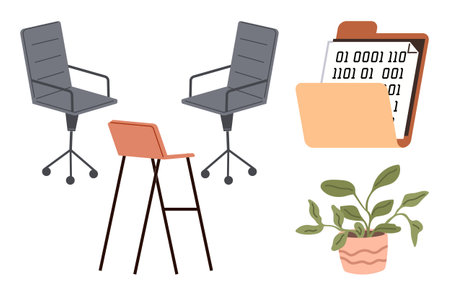 Office chairs and a high stool with a file folder containing binary codes, complemented by a potted plant. Ideal for workplace, productivity, teamwork, technology, data, minimalism, and professionalのイラスト素材