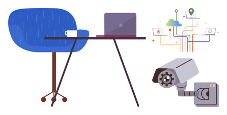 Desk with laptop and mug, security camera, digital cloud connectivity and devices. Ideal for workplace security, digital safety, remote work, monitoring, data systems, connectivity simple flatのイラスト素材