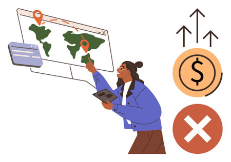Female pointing at map with location pins, tablet in hand, upward arrows, currency circle, and cross symbol alongside. Ideal for logistics, finance, decision-making, growth analysis navigationのイラスト素材