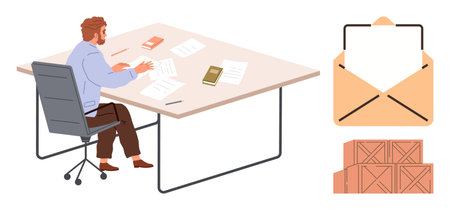 Office worker sorting files on a desk, envelope for correspondence, stacks of boxes for storage and shipping. Ideal for communication, organization, logistics, business, office tasks, deliveryのイラスト素材