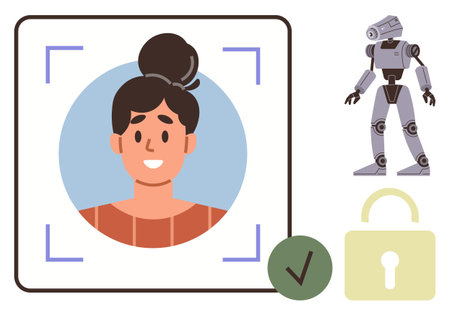 Smiling woman in recognition frame with approval checkmark, robotic figure, and lock symbol. Ideal for technology, AI, security, biometrics, identity privacy cybersecurity. Simple flat metaphorのイラスト素材