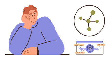 Young person resting chin on hand looking at molecule diagram and atomic structure layout, conveying curiosity, research, science, knowledge, creativity, STEM education, and ideal for a simpleのイラスト素材