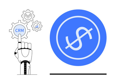 Robotic hand interacting with gears labeled CRM, analytics, and user, symbolizing technology and automation. Dollar sign suggests financial growth. Ideal for tech, CRM, finance, analyticsのイラスト素材