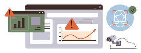 Graphs, warning icons, and browser windows highlight data risks, while surveillance cameras and facial recognition emphasize security. Ideal for analytics, cybersecurity, risk management, AI, machineのイラスト素材