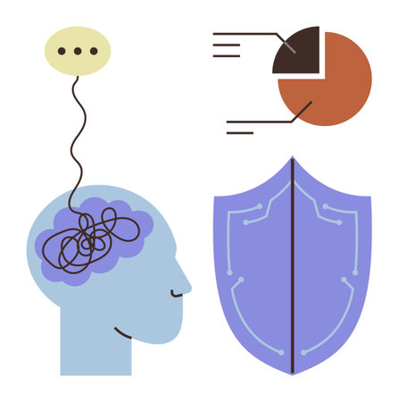 Head with tangled lines in brain, speech bubble above, pie chart data, shield graphic. Ideal for mental health, cognitive processes, protection, data security therapy self-care resilience. Simpleのイラスト素材