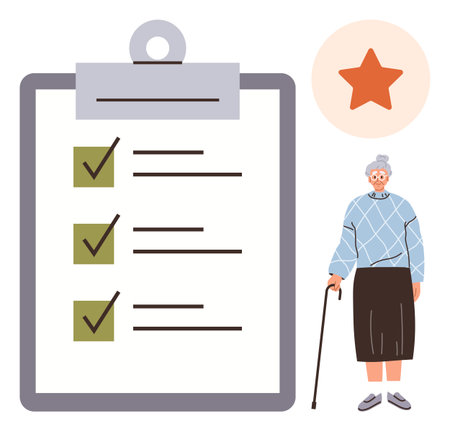 Elderly woman with cane beside large checklist clipboard with green checkmarks and a star icon. Ideal for healthcare, planning, elderly care, goal setting, organization, achievement, independence. Aのイラスト素材