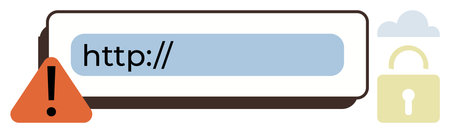Web address bar with red warning sign and lock indicating potential security risks. Ideal for cybersecurity, internet safety, warnings, data protection, online error messages, digital threats, simpleのイラスト素材