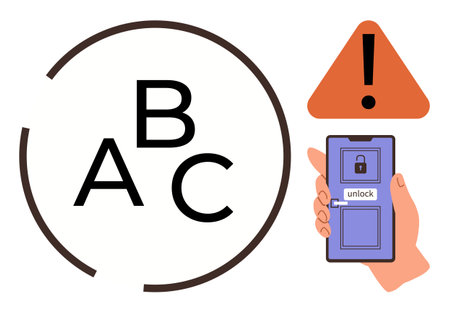 Hand holding smartphone unlocking a lock symbol, exclamation warning, and ABC letters. Ideal for security, education, technology, alertness, online safety, risk awareness simple flat metaphorのイラスト素材