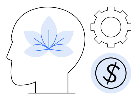 Human head profile with a flower symbolizing creativity, gear representing innovation, and dollar icon for financial growth. Ideal for business, mindfulness, success, economy, self-improvementのイラスト素材