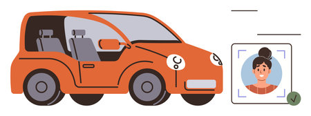 Compact orange vehicle with open interior view and a facial recognition screen displaying a verified driver. Ideal for transport, technology, innovation, identity, authentication, automation, modernのイラスト素材