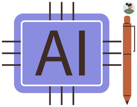 Purple chip with AI text, circuit lines, pen, and avatar. Ideal for technology, AI, innovation, creativity, education digital tools and simple flat metaphorのイラスト素材