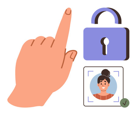 Hand pointing upward, purple padlock icon, facial recognition frame with womans face. Ideal for technology, security, privacy, biometrics, authentication, identity verification simple flat metaphorのイラスト素材