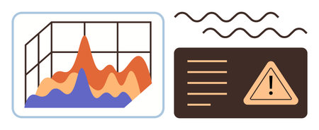 Graph with fluctuating data analytics and warning sign with text lines. Ideal for risk management, data monitoring, analytics, forecasting, business insights, reporting, simple flat metaphorのイラスト素材