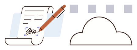 Pen signing a document with cloud and data icons. Ideal for e-signature, cloud service, digital storage, documentation, online security, workflow automation, simple flat metaphorのイラスト素材
