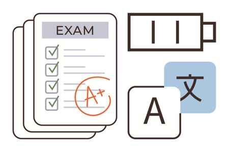 Exam paper marked A with check marks, language characters, and battery level imagery. Ideal for education, language learning, success, achievement, productivity study motivation. Simple flatのイラスト素材
