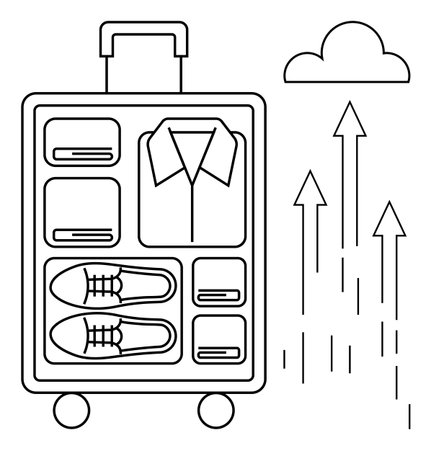 Open suitcase neatly arranged with a shirt, shoes, and folded clothes. Nearby upward arrows and a cloud signify travel, organization, growth, preparation, mobility minimalism and progress. A simpleのイラスト素材