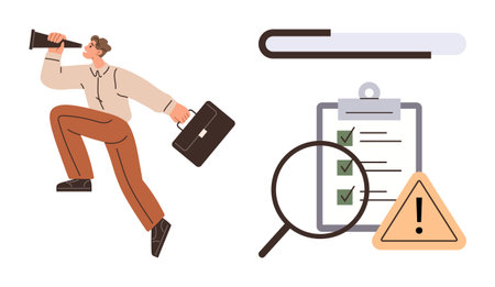 Businessman holding a briefcase and telescope, magnifying glass examining checklist with warnings. Ideal for business analysis, goal setting, risk assessment, strategic planning, leadershipのイラスト素材
