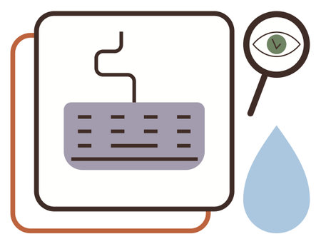 Computer keyboard with connected cable, magnifying glass with an eye icon, and single blue raindrop. Ideal for technology, focus, precision, analysis, creativity simplicity innovation. Minimal flatのイラスト素材
