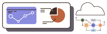 Line graph, pie chart, and AI workflow connected to cloud computing. Ideal for data analysis, business strategy, AI processes, cloud integration, machine learning, tech innovation and collaborativeのイラスト素材