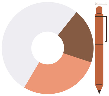 Circular pie chart with three segments in warm tones next to a sleek, orange pen. Ideal for concepts of data analysis, reports, creativity, research, planning, business, simple flat metaphorのイラスト素材