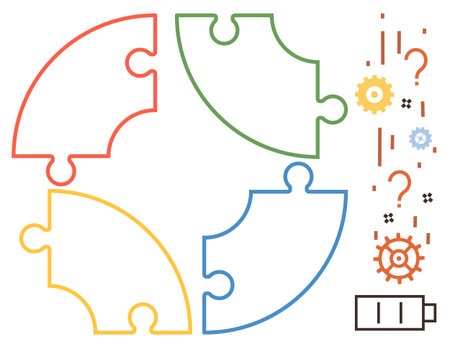 Four colored puzzle pieces forming a circle, interspersed with question marks, gears, and a battery icon. Ideal for concepts thumbs up problem-solving, teamwork, innovation, planning, energyのイラスト素材