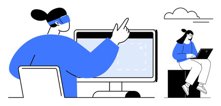 Person in VR headset points at a screen, while a colleague works remotely on a laptop outside. Ideal for teamwork, technology, innovation, remote work, digital collaboration, modern workplace, simpleのイラスト素材