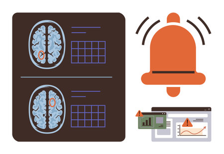Brain imaging scans with marked abnormalities, red alert bell, and data dashboards displaying...