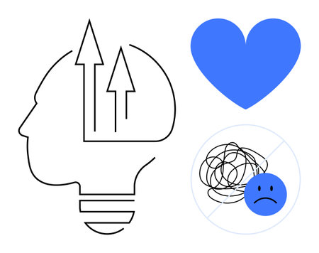 Human head with upward arrows, blue heart, tangled line with sad face symbolizing growth, mental health, emotions, personal growth. Ideal for wellness, motivation, mental clarity counselingのイラスト素材