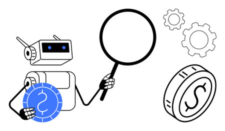 Robot holding a magnifying glass and a coin with gears nearby, symbolizing financial analysis and automation. Ideal for AI, finance, technology, digital economy, innovation, research, simple landingのイラスト素材