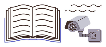 Open book with text lines next to a security camera, emphasizing themes thumbs up privacy, education, surveillance, data protection, analysis, knowledge security, and ethical awareness. Simple flatのイラスト素材