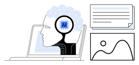 Human profile with AI processor on a laptop, documents, and a digital graph. Ideal for AI, technology, innovation, data analysis, education, research digital transformation simple flat metaphorのイラスト素材