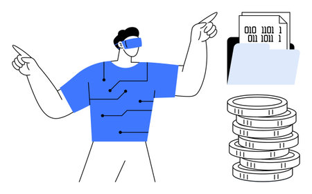 Man wearing VR headset sculpted in circuitry-inspired attire gesturing actively beside virtual coins and digital files. Ideal for tech, innovation, cryptocurrency, virtual reality, finance, dataのイラスト素材