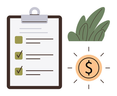 Clipboard displaying a checklist with marked tasks, dollar sign icon symbolizing money, and green foliage. Ideal for finance, productivity, planning, success, investment, organization eco-focusのイラスト素材