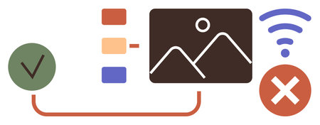 Green checkmark, red cross, flowchart diagram, image placeholder, and wireless icon. Ideal for connectivity, decision-making, approval workflow, digital communication user interface projectのイラスト素材