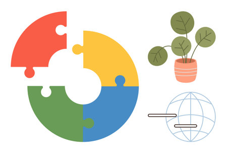 Circular puzzle in four bright colors, potted plant symbolizing growth, and globe for global reach. Ideal for teamwork, connection, sustainability, diversity, learning, eco-awareness innovationのイラスト素材