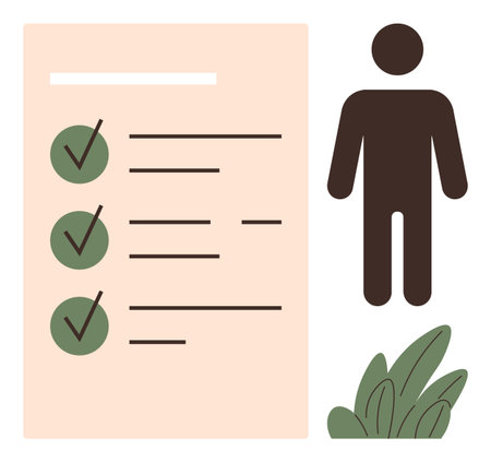 Checklist with green check marks, human silhouette, and small plant leaves. Ideal for productivity, organization, task management, human resources, goals success simplicity. Flat simple metaphorのイラスト素材