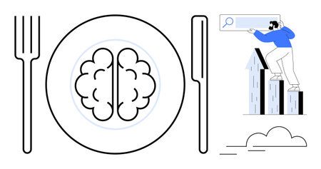 Brain served on a plate with cutlery, paired with a person using a search bar on skyscrapers. Ideal for knowledge, research, creativity, innovation, curiosity, education, simple flat metaphorのイラスト素材
