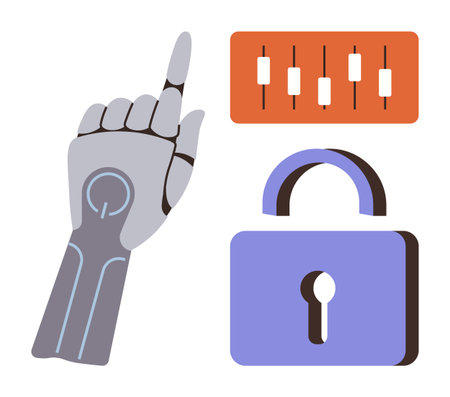 Robotic hand pointing upwards, security lock, and control panel. Ideal for technology, innovation, cybersecurity, robotics, automation, digital systems simple flat metaphorのイラスト素材