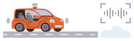 Orange driverless car using sensors and data communication. Ideal for innovation, AI, transportation, automation, connectivity, future mobility, smart technology in a simple flat metaphorのイラスト素材