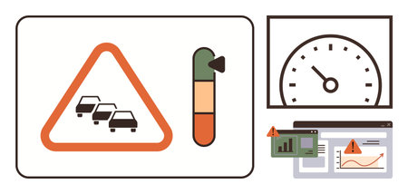 Warning triangle with cars, congestion signal, speedometer gauge, and data dashboards. Ideal for transportation, traffic management, road safety, analytics, monitoring systems technology simpleのイラスト素材
