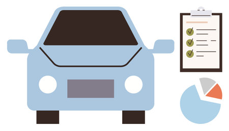 Blue car with checklist featuring marked items and circular data chart. Ideal for automotive safety, vehicle maintenance, inspection, transportation planning, car services, data analysis, simple flatのイラスト素材