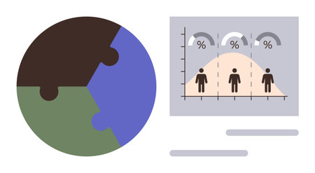 Puzzle globe in brown, green, and blue beside a demographic chart with people icons and percentage symbols. Ideal for data analysis, global research, demographics, business trends, statisticsのイラスト素材