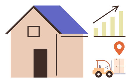 House illustration, upward growth chart, forklift moving boxes, location pin. Ideal for logistics, warehousing, supply chain, business growth, real estate inventory operations simple flat metaphorのイラスト素材