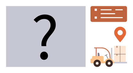 Forklift transporting goods, delivery box, and location marker alongside a tracking interface. Ideal...