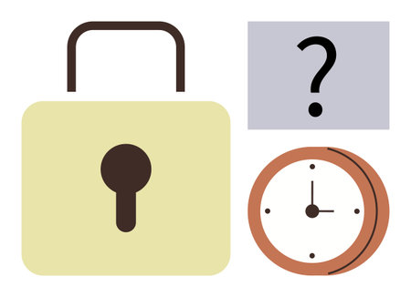Large yellow padlock, question mark in a gray square, and orange circular clock suggesting puzzle-solving, time management, security, and decision-making. Ideal for goals, challenges, protectionのイラスト素材